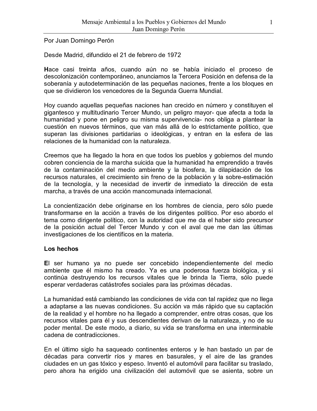 Mensaje Ambiental a los Pueblos y Gobiernos del Mundo