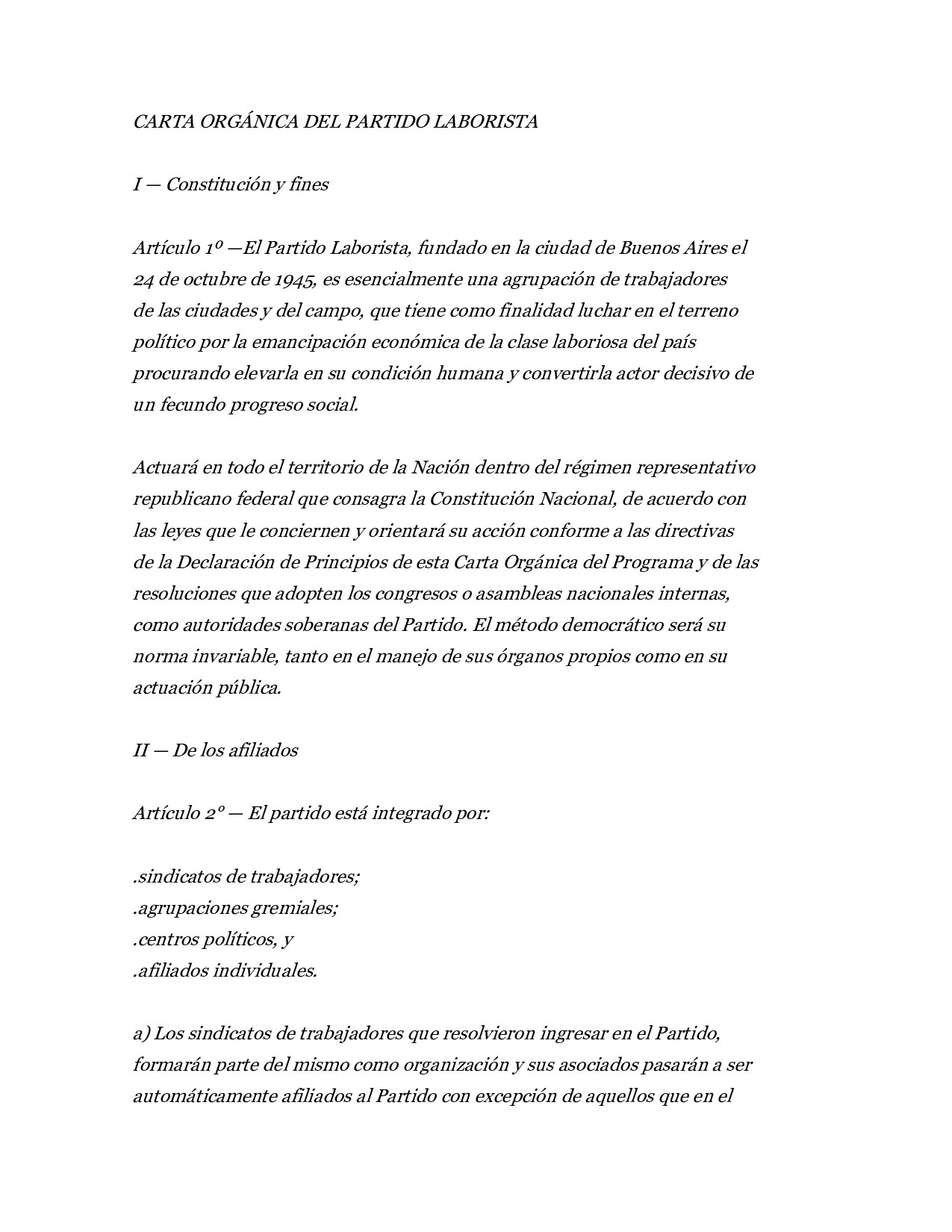 Carta Organica del Partido Laborista - 24 de octubre de 1945