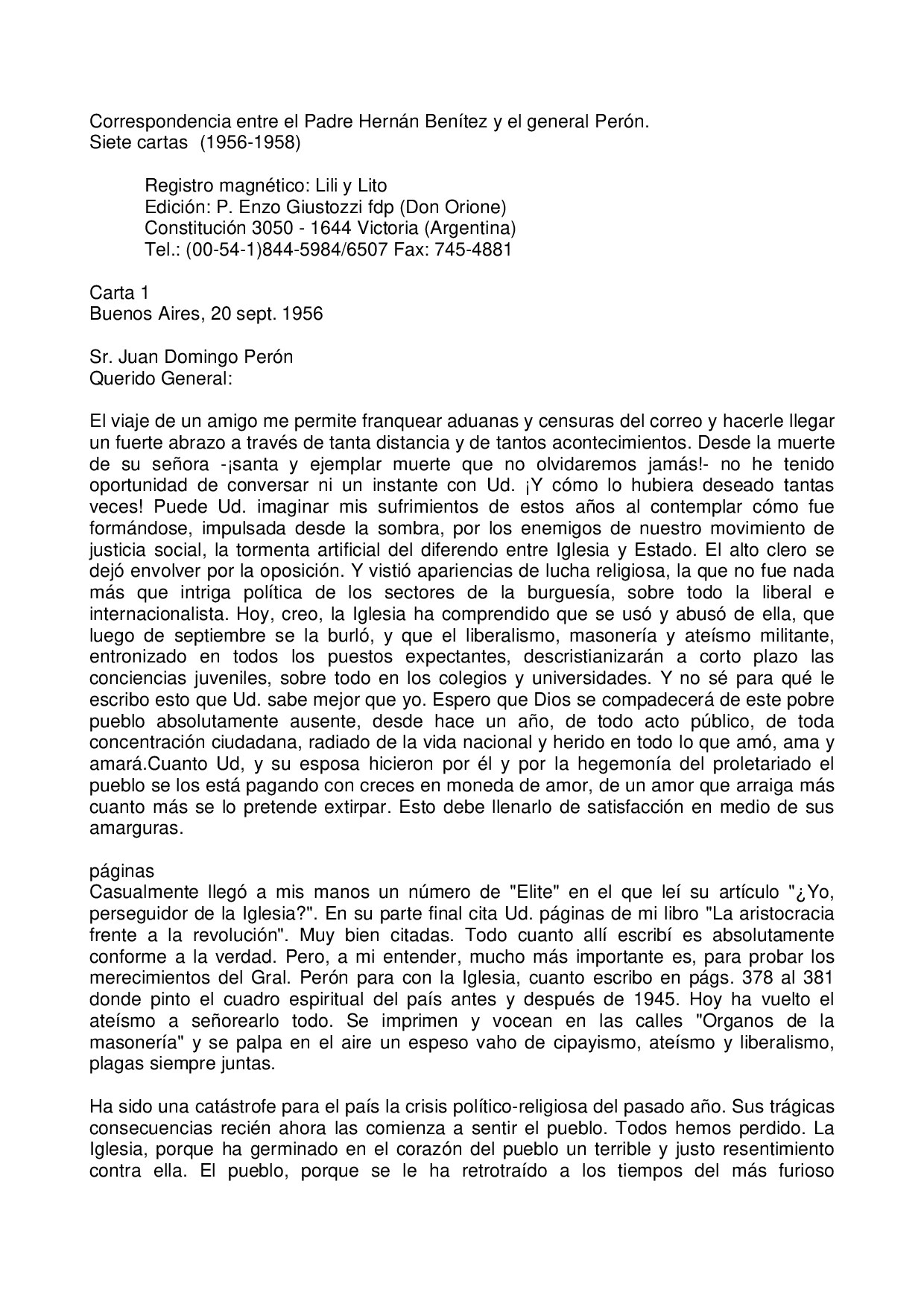 Correspondencia entre el Padre Hernán Benítez y el general Perón. Siete cartas (1956-1958)