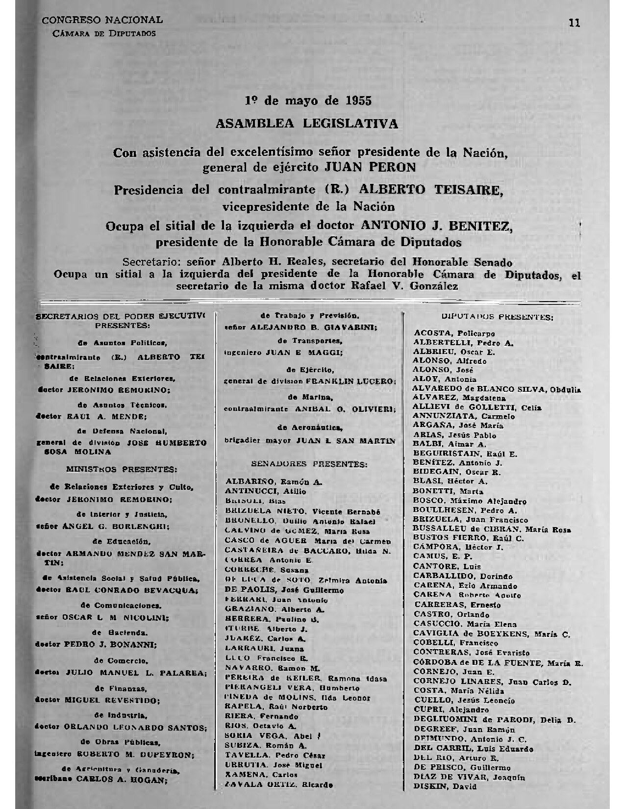 Mensaje presidencial de inicios de sesiones ordinarias del Congreso de la Nación - 1 de Mayo de 1955